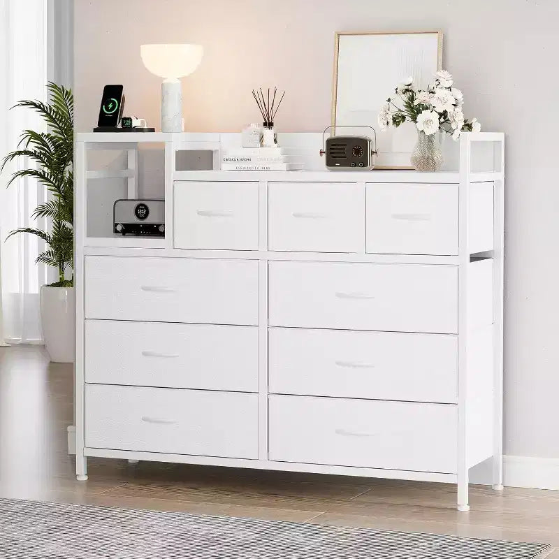 9-Drawer Storage Dresser - Steel/MDF Frame with Charging Station, 3-Size Drawers for Bedroom/Living Room