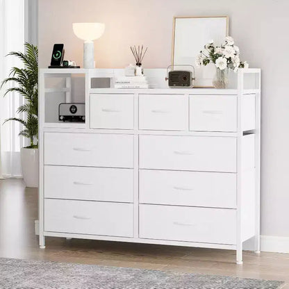 9-Drawer Storage Dresser - Steel/MDF Frame with Charging Station, 3-Size Drawers for Bedroom/Living Room