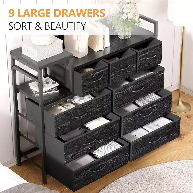 9-Drawer Storage Dresser - Steel/MDF Frame with Charging Station, 3-Size Drawers for Bedroom/Living Room
