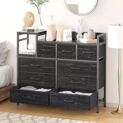 9-Drawer Storage Dresser - Steel/MDF Frame with Charging Station, 3-Size Drawers for Bedroom/Living Room