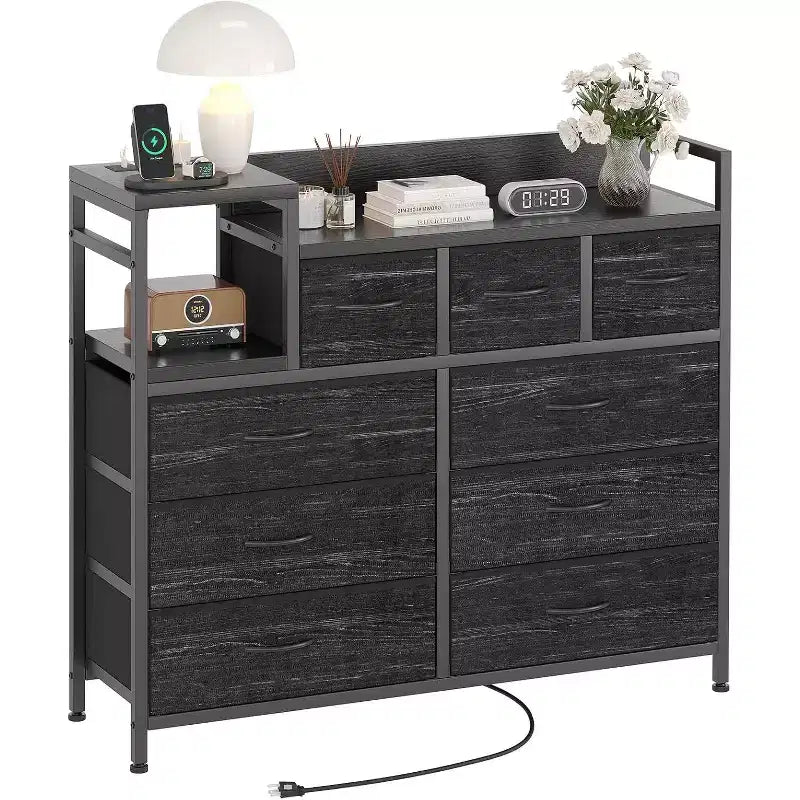 9-Drawer Storage Dresser - Steel/MDF Frame with Charging Station, 3-Size Drawers for Bedroom/Living Room