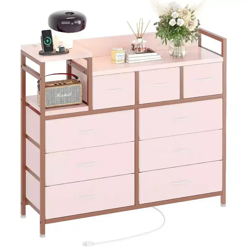 9-Drawer Storage Dresser - Steel/MDF Frame with Charging Station, 3-Size Drawers for Bedroom/Living Room