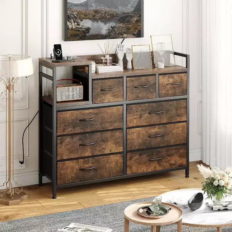 9-Drawer Storage Dresser - Steel/MDF Frame with Charging Station, 3-Size Drawers for Bedroom/Living Room