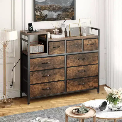 9-Drawer Storage Dresser - Steel/MDF Frame with Charging Station, 3-Size Drawers for Bedroom/Living Room