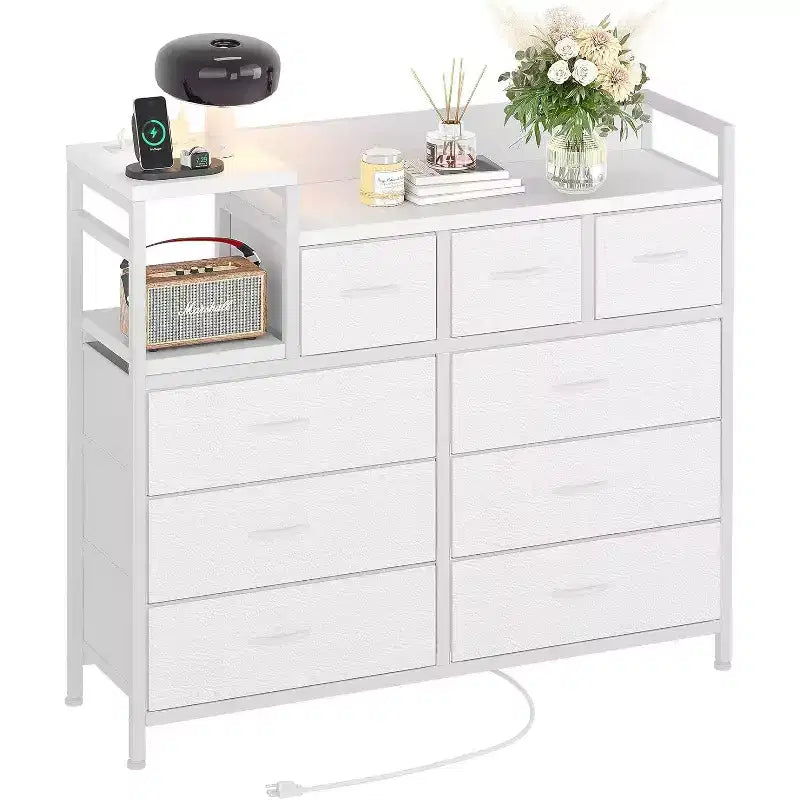 9-Drawer Storage Dresser - Steel/MDF Frame with Charging Station, 3-Size Drawers for Bedroom/Living Room