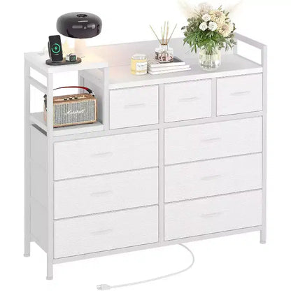 9-Drawer Storage Dresser - Steel/MDF Frame with Charging Station, 3-Size Drawers for Bedroom/Living Room