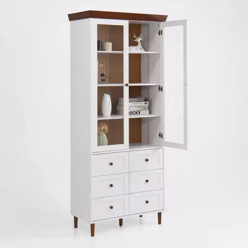 MAYEERTY Meuble de Rangement Blanc en MDF avec Portes Vitrées, Étagères Réglables, Armoire sur Pied pour Cuisine, Salon