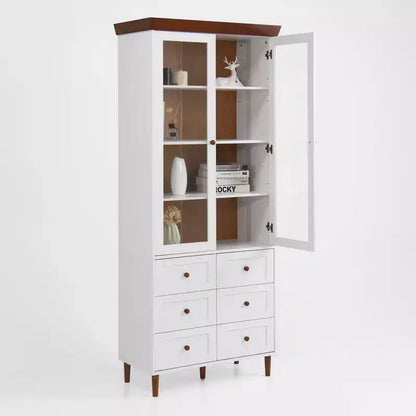 MAYEERTY Meuble de Rangement Blanc en MDF avec Portes Vitrées, Étagères Réglables, Armoire sur Pied pour Cuisine, Salon