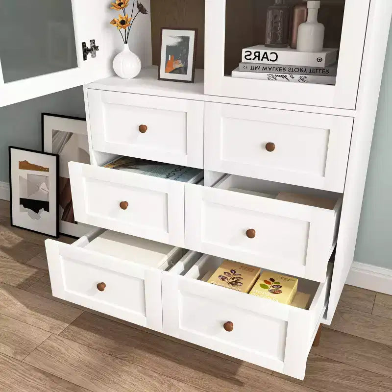 MAYEERTY Meuble de Rangement Blanc en MDF avec Portes Vitrées, Étagères Réglables, Armoire sur Pied pour Cuisine, Salon