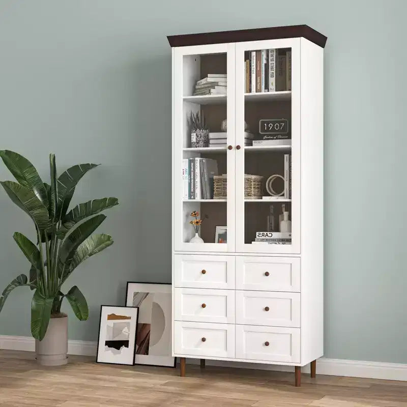 MAYEERTY Meuble de Rangement Blanc en MDF avec Portes Vitrées, Étagères Réglables, Armoire sur Pied pour Cuisine, Salon