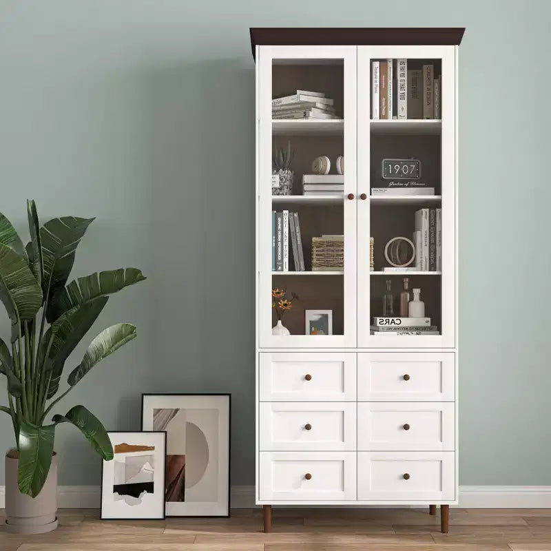 MAYEERTY Meuble de Rangement Blanc en MDF avec Portes Vitrées, Étagères Réglables, Armoire sur Pied pour Cuisine, Salon