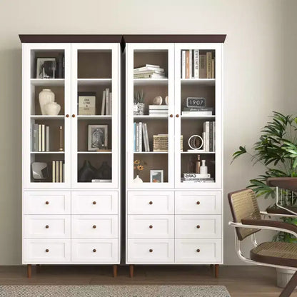 MAYEERTY Meuble de Rangement Blanc en MDF avec Portes Vitrées, Étagères Réglables, Armoire sur Pied pour Cuisine, Salon
