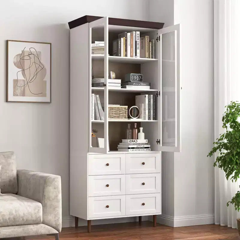 MAYEERTY Meuble de Rangement Blanc en MDF avec Portes Vitrées, Étagères Réglables, Armoire sur Pied pour Cuisine, Salon