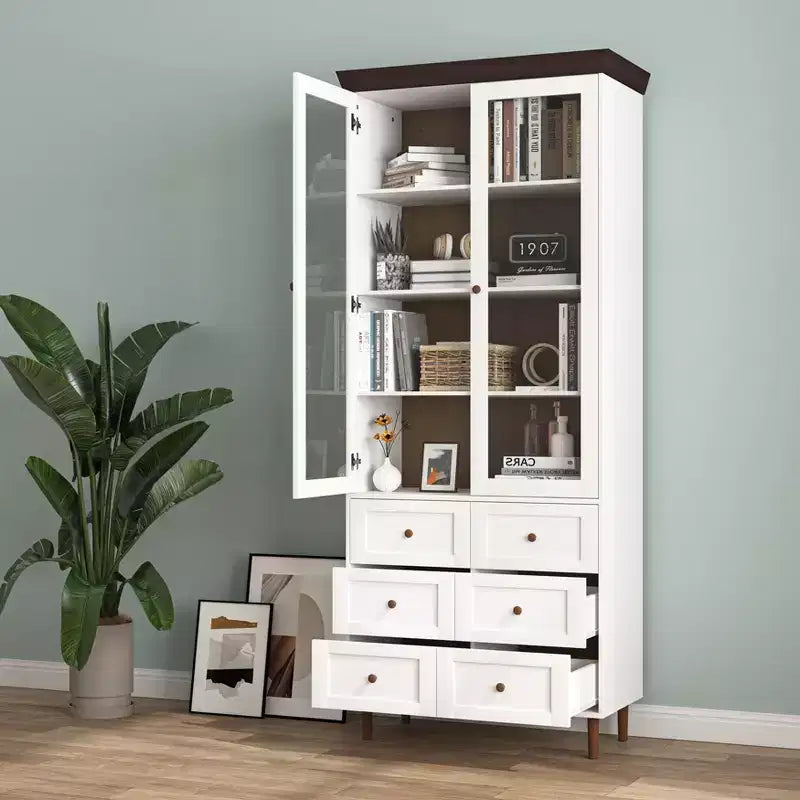MAYEERTY Meuble de Rangement Blanc en MDF avec Portes Vitrées, Étagères Réglables, Armoire sur Pied pour Cuisine, Salon