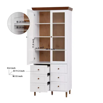 MAYEERTY Meuble de Rangement Blanc en MDF avec Portes Vitrées, Étagères Réglables, Armoire sur Pied pour Cuisine, Salon