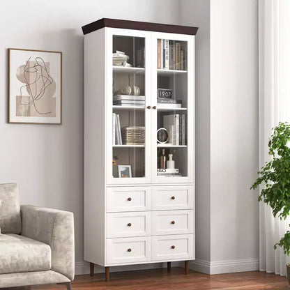 MAYEERTY Meuble de Rangement Blanc en MDF avec Portes Vitrées, Étagères Réglables, Armoire sur Pied pour Cuisine, Salon