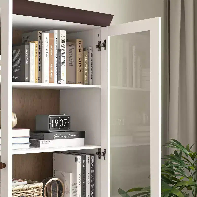 MAYEERTY Meuble de Rangement Blanc en MDF avec Portes Vitrées, Étagères Réglables, Armoire sur Pied pour Cuisine, Salon