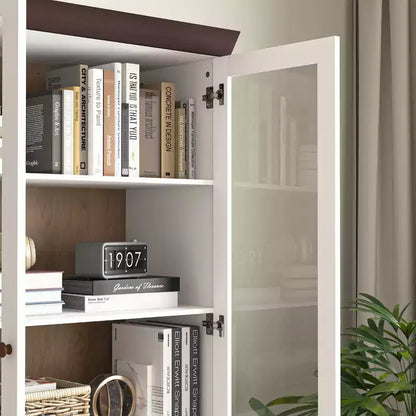 MAYEERTY Meuble de Rangement Blanc en MDF avec Portes Vitrées, Étagères Réglables, Armoire sur Pied pour Cuisine, Salon