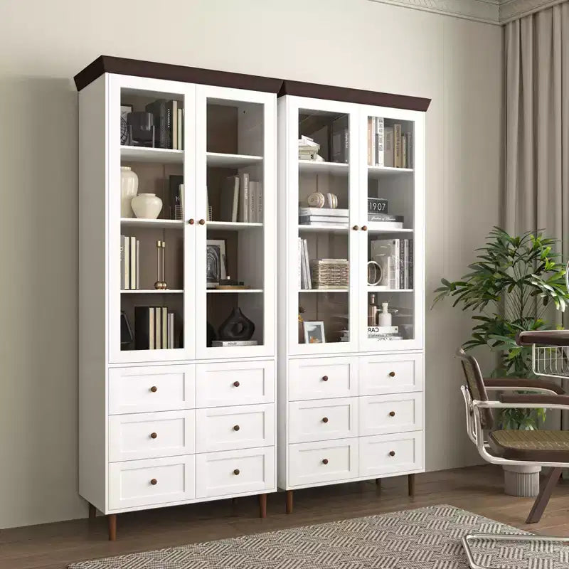 MAYEERTY Meuble de Rangement Blanc en MDF avec Portes Vitrées, Étagères Réglables, Armoire sur Pied pour Cuisine, Salon