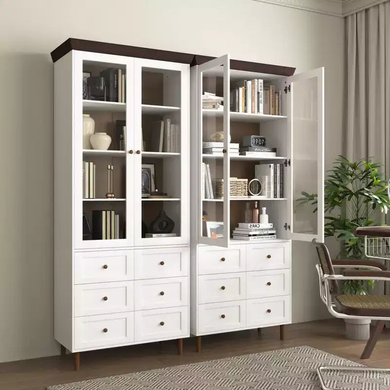 MAYEERTY Meuble de Rangement Blanc en MDF avec Portes Vitrées, Étagères Réglables, Armoire sur Pied pour Cuisine, Salon
