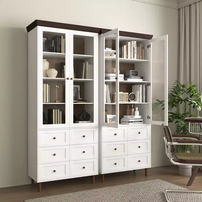 MAYEERTY Meuble de Rangement Blanc en MDF avec Portes Vitrées, Étagères Réglables, Armoire sur Pied pour Cuisine, Salon