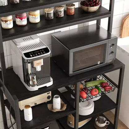 Étagère de Boulanger 5 Niveaux COZONY avec Panier en Fil, Support Micro-ondes avec Prises de Courant et Étagères de Cuisine Ouvertes