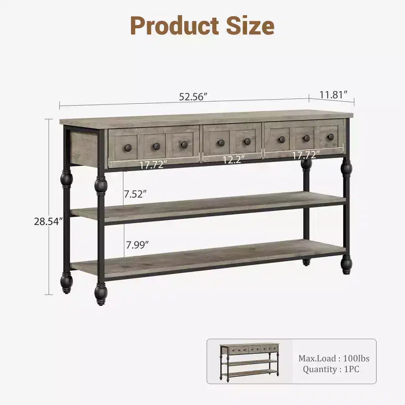 Console Sofa Table 53, Entryway Table with 3 Drawers, 3 Tier Sofa Table, Open Shelf Couch Table