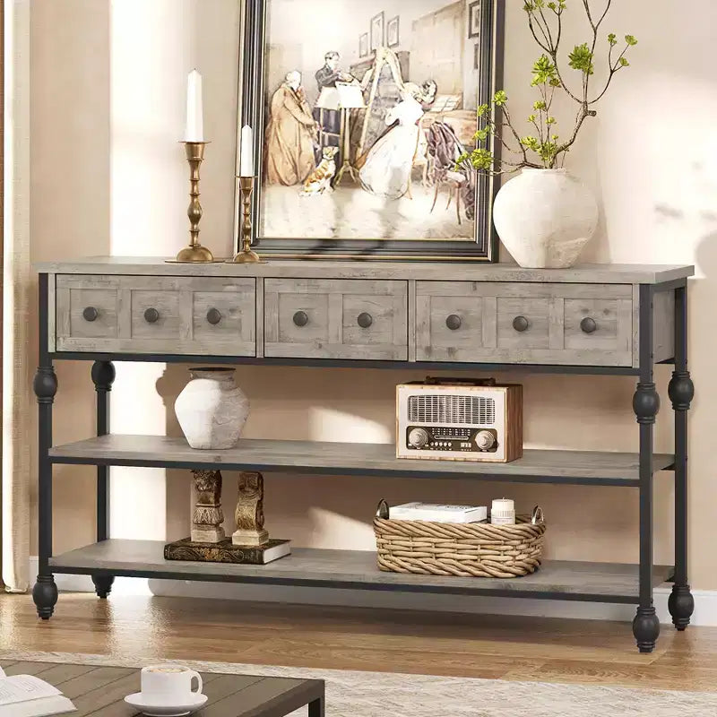 Console Sofa Table 53, Entryway Table with 3 Drawers, 3 Tier Sofa Table, Open Shelf Couch Table
