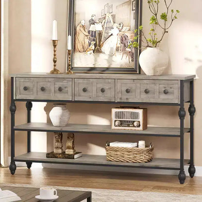 Console Sofa Table 53, Entryway Table with 3 Drawers, 3 Tier Sofa Table, Open Shelf Couch Table