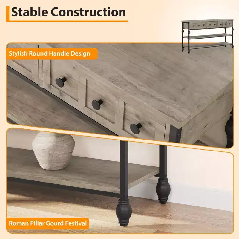 Console Sofa Table 53, Entryway Table with 3 Drawers, 3 Tier Sofa Table, Open Shelf Couch Table