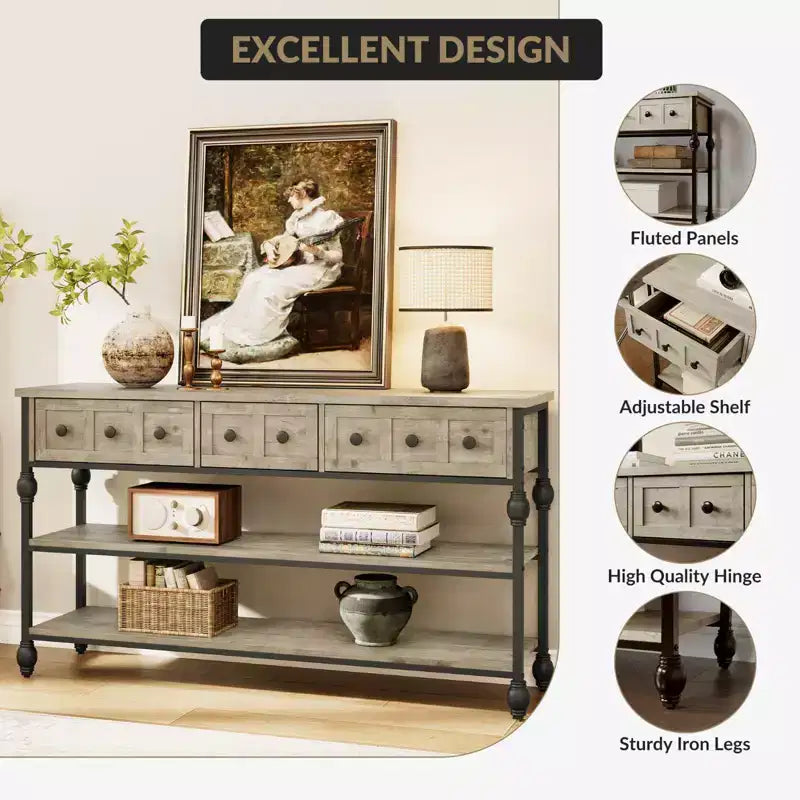 Console Sofa Table 53, Entryway Table with 3 Drawers, 3 Tier Sofa Table, Open Shelf Couch Table