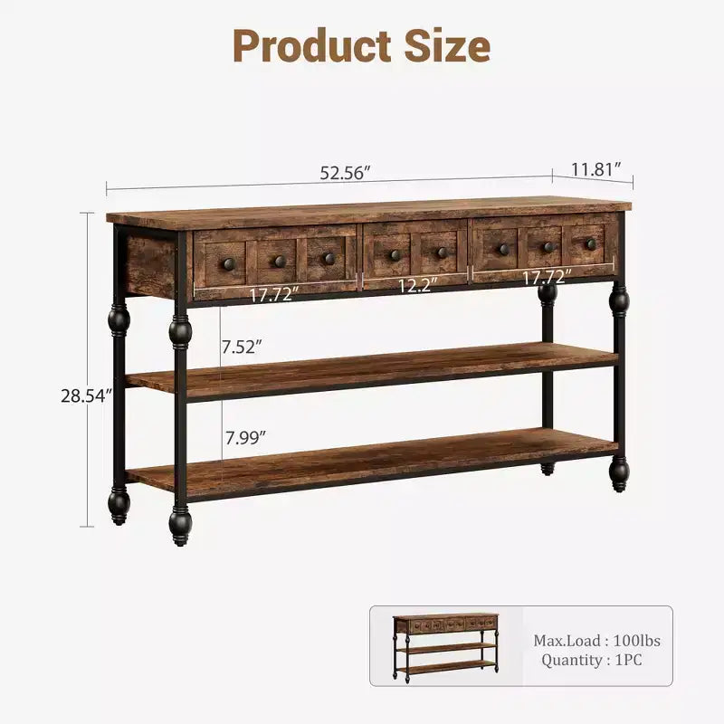 Console Sofa Table 53, Entryway Table with 3 Drawers, 3 Tier Sofa Table, Open Shelf Couch Table