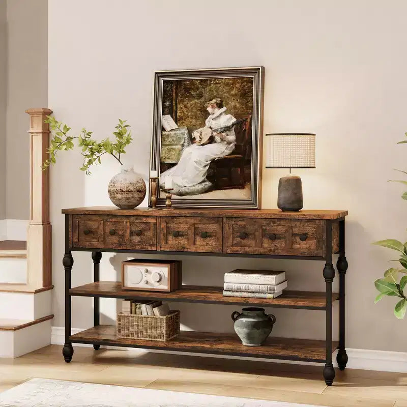 Console Sofa Table 53, Entryway Table with 3 Drawers, 3 Tier Sofa Table, Open Shelf Couch Table