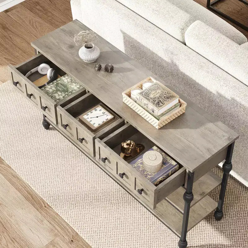 Console Sofa Table 53, Entryway Table with 3 Drawers, 3 Tier Sofa Table, Open Shelf Couch Table