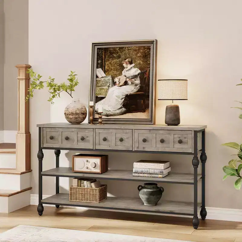 Console Sofa Table 53, Entryway Table with 3 Drawers, 3 Tier Sofa Table, Open Shelf Couch Table