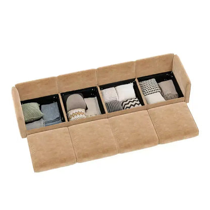 Canapé modulable avec rangement, dossier cylindrique et accoudoirs, assise profonde et confortable, durable et offrant un bon soutien pour le salon.