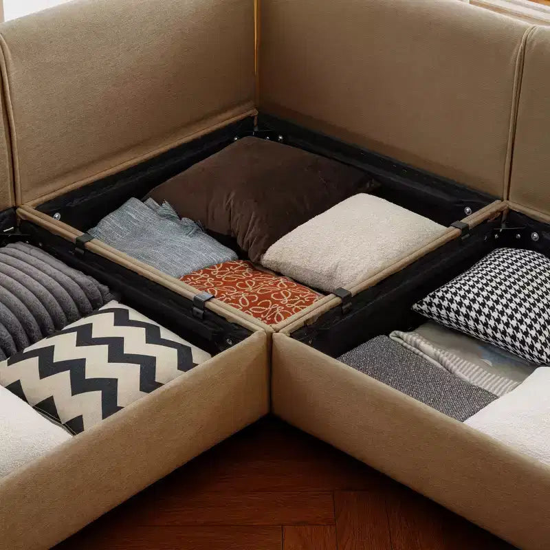 Canapé modulable avec rangement, dossier cylindrique et accoudoirs, assise profonde et confortable, durable et offrant un bon soutien pour le salon.