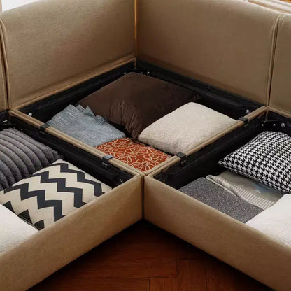 Canapé modulable avec rangement, dossier cylindrique et accoudoirs, assise profonde et confortable, durable et offrant un bon soutien pour le salon.
