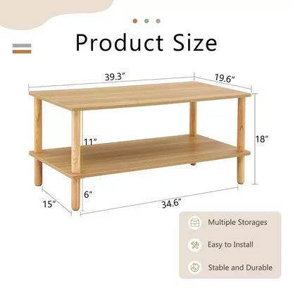 Table basse moderne à 2 niveaux pour salon, table centrale rectangulaire avec étagère de rangement ouverte, pieds arrondis en bois d'hévéa