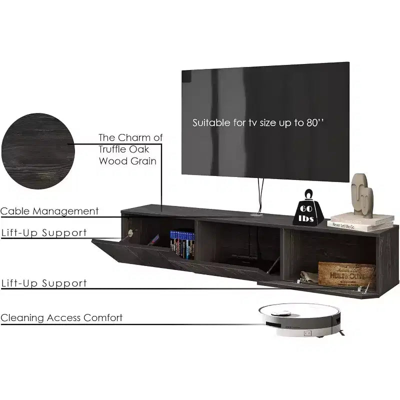 Meuble TV mural flottant moderne HomeStock pour grands téléviseurs de 65 à 80 pouces, noir