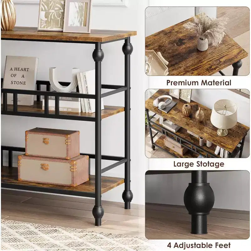 43 Console, table d'entrée étroite à 3 niveaux avec étagères, tables d'appoint pour salon, couloir, chambre, rustique, marron