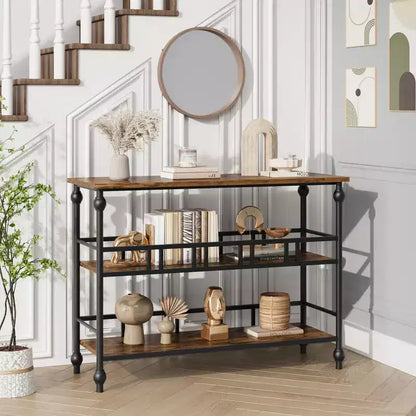 43 Console, table d'entrée étroite à 3 niveaux avec étagères, tables d'appoint pour salon, couloir, chambre, rustique, marron