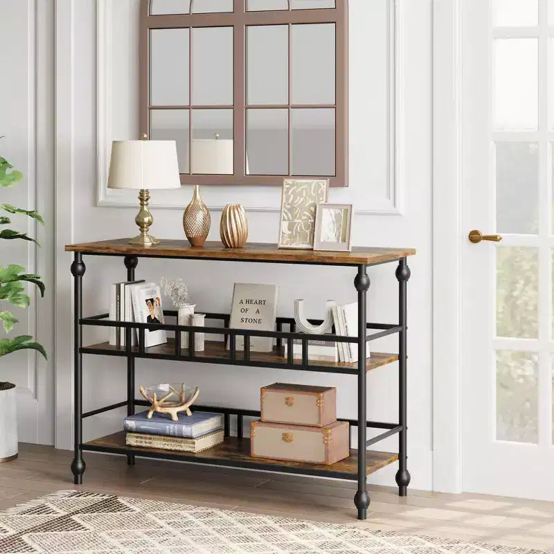 43 Console, table d'entrée étroite à 3 niveaux avec étagères, tables d'appoint pour salon, couloir, chambre, rustique, marron