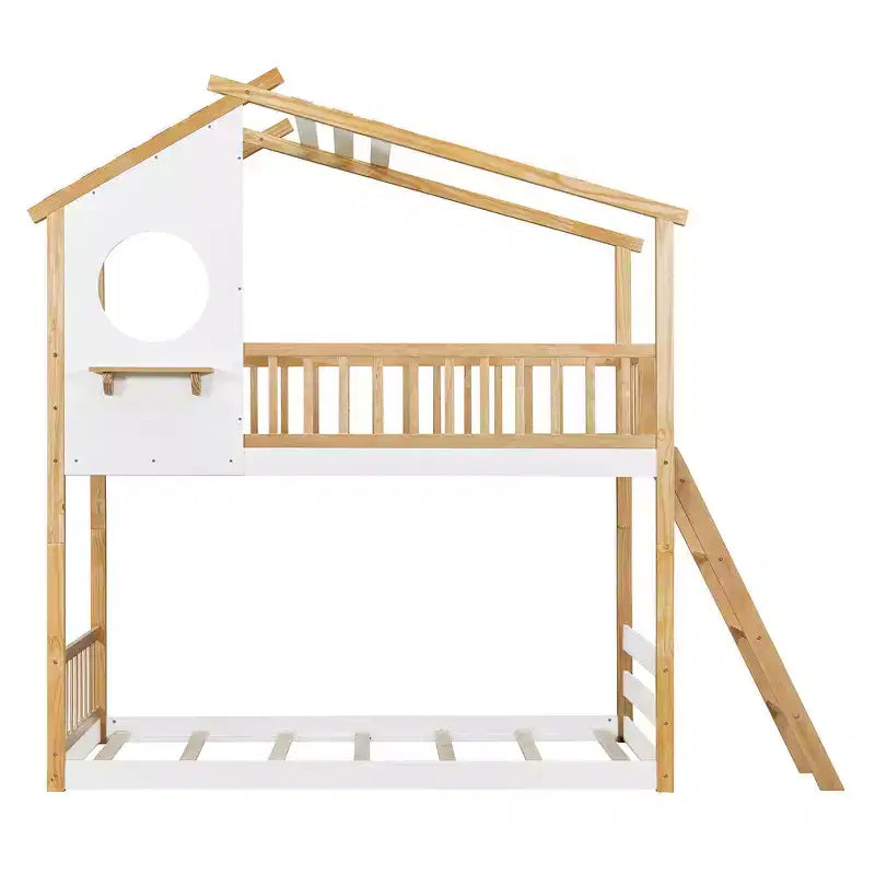 Whisen Twin Over Twin Bunk Bed with Roof, Playhouse Design, Safe Ladder & Railings - Natural