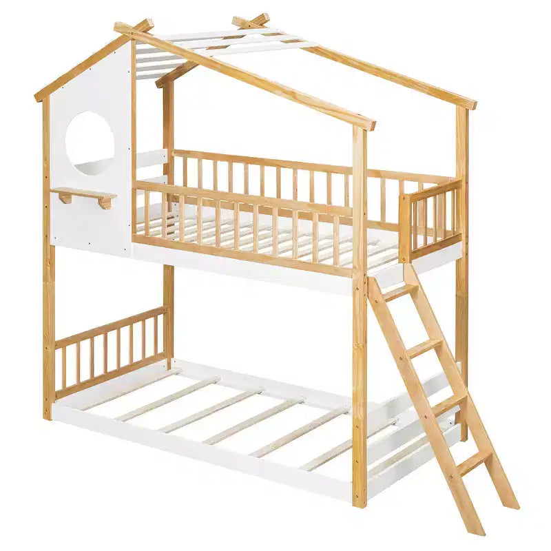 Whisen Twin Over Twin Bunk Bed with Roof, Playhouse Design, Safe Ladder & Railings - Natural