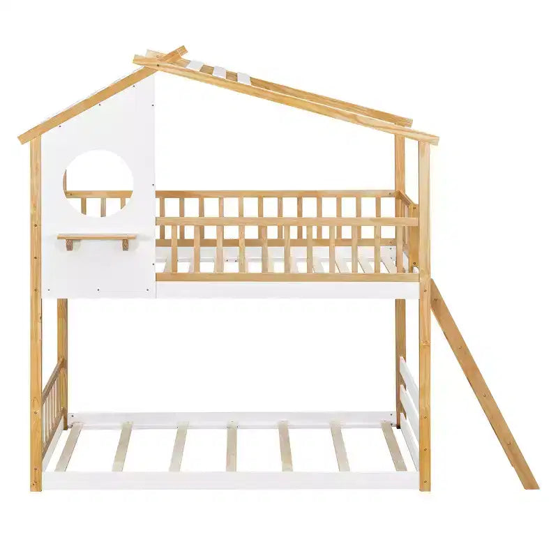 Whisen Twin Over Twin Bunk Bed with Roof, Playhouse Design, Safe Ladder & Railings - Natural