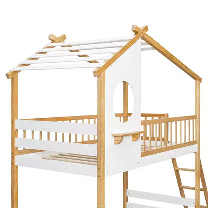 Whisen Twin Over Twin Bunk Bed with Roof, Playhouse Design, Safe Ladder & Railings - Natural