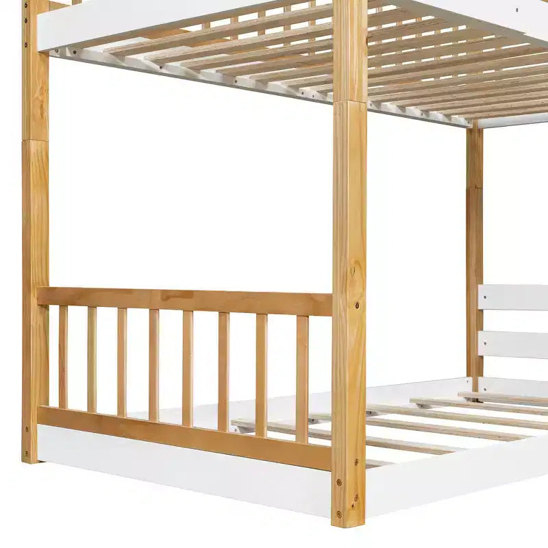 Whisen Twin Over Twin Bunk Bed with Roof, Playhouse Design, Safe Ladder & Railings - Natural