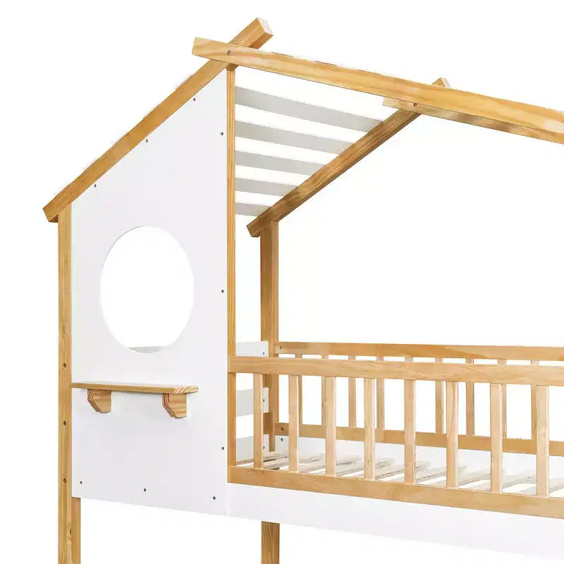 Whisen Twin Over Twin Bunk Bed with Roof, Playhouse Design, Safe Ladder & Railings - Natural