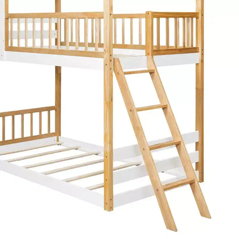 Whisen Twin Over Twin Bunk Bed with Roof, Playhouse Design, Safe Ladder & Railings - Natural